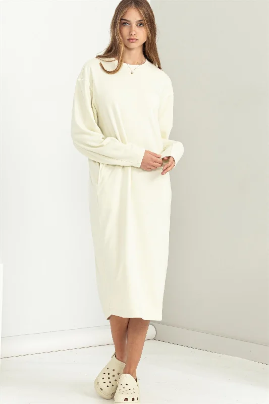DZ23G353-LONG SLEEVE MIDI SWEATSHIRT DRESS Hoodie with Toggle Buttons Decorative Unique