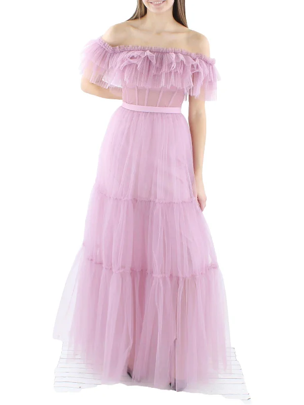 Womens Tiered Off-The-Shoulder Evening Dress Tunics Fleece cozy
