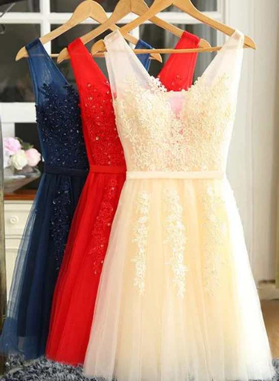Lovely Tulle Lace Applique Beaded Party Dress, Short Prom Dress Tunics Lace romantic