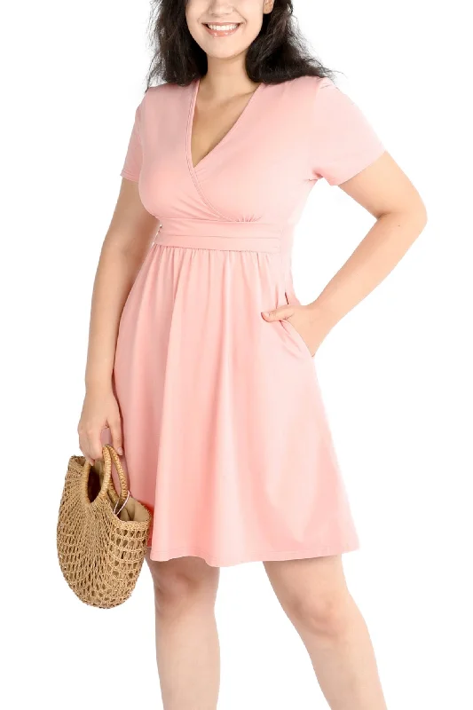 Summer Casual Midi Dress with Pockets, Short Party Dress, Pink Shift Classic Vintage