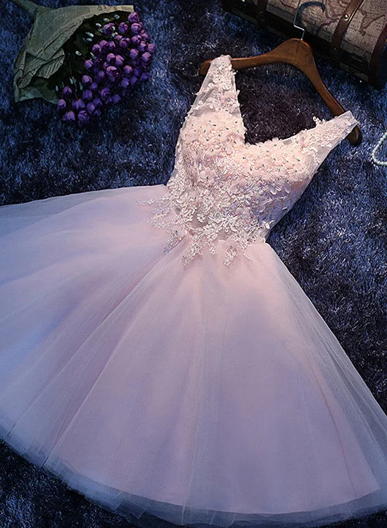 Lovely Pink V-neckline Lace Applique Tulle Party Dress, Short Pink Formal Dress Tunics Ceremony elegant