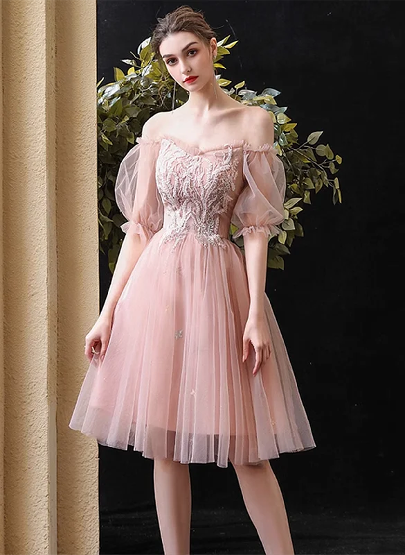Pink Sweetheart Off Shoulder Knee Length Party Dress, Pink Tulle Homecoming Dress Pencil Length Work