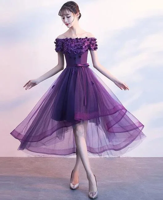Dark Purple High Low New Party Dress, Purple Homecoming Dress Tunics Bridal satin