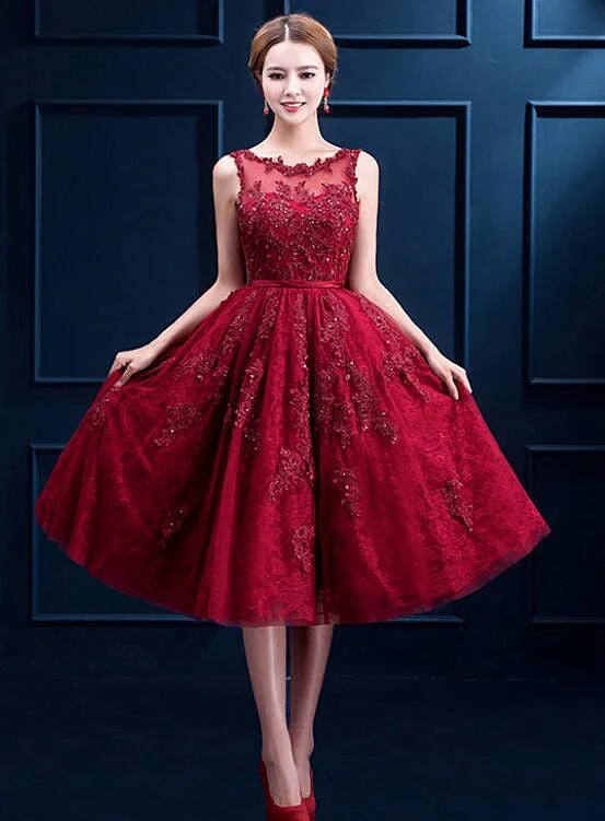 Wine Red High Quality Tulle with Lace Party Dress, Bridesmaid Dress Shift Classic Vintage