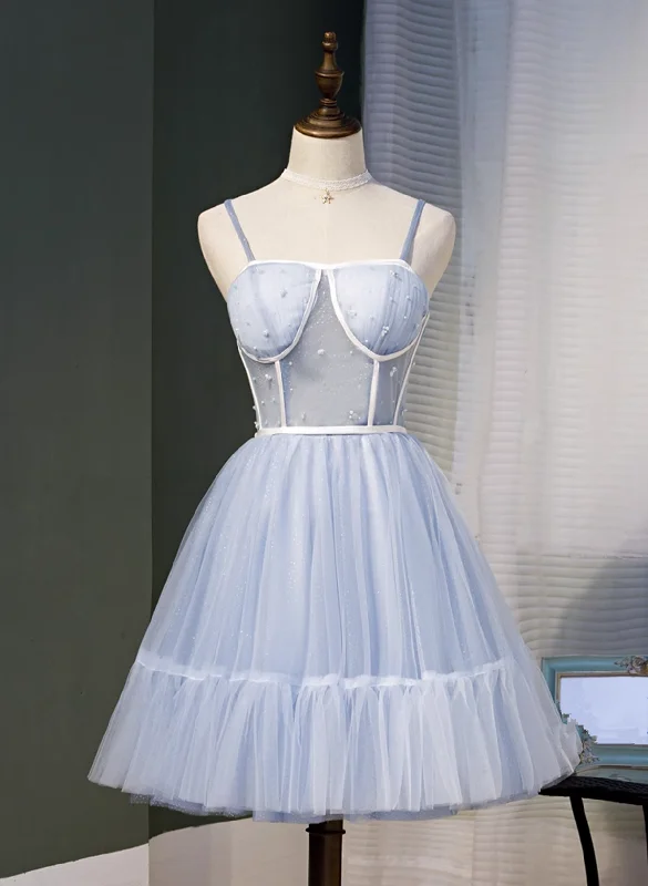 Light Blue Tulle Sweetheart Straps Party Dress, Light Blue Homecoming Dress High-Low Hemline Casual