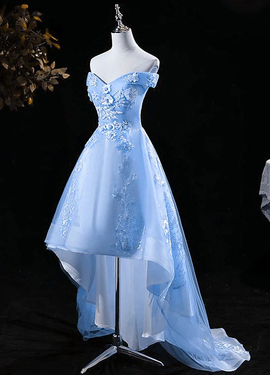 Lovely High Low Tulle Lace Applique Party Dress, Off Shoulder Homecoming Dresses Tunics Brand named