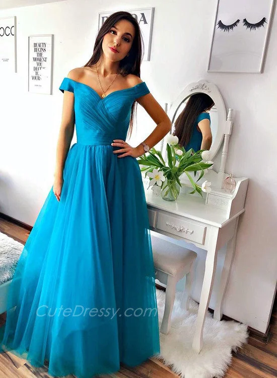 Blue Off Shoulder Tulle Handmade Prom Dress, A-line Party Dress Tunics Top Casual