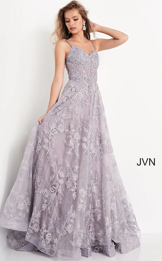 Jovani 02266 floral embroidered A line prom dress evening gown plunging v neckline Tunics Designer luxury