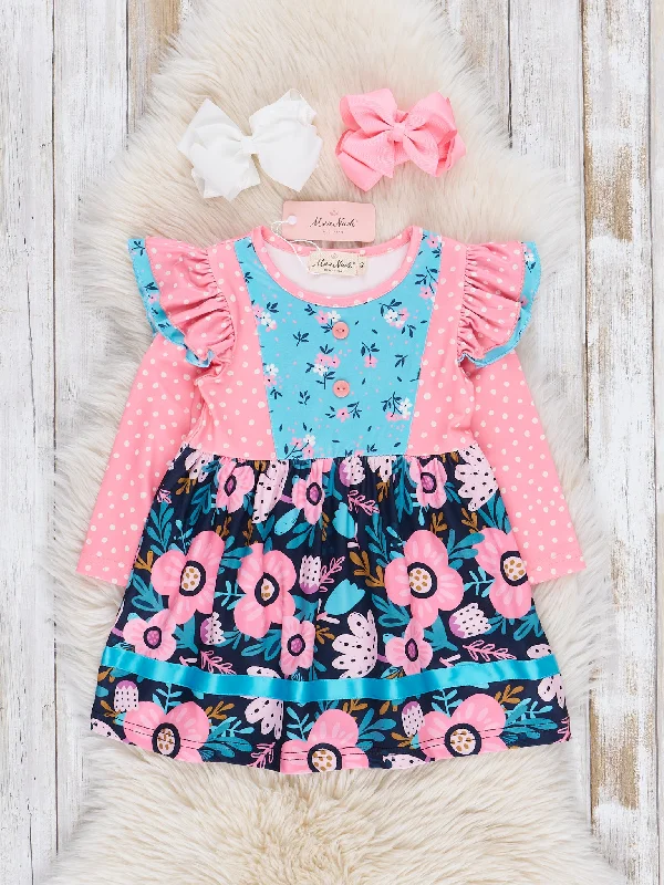 Pink & Blue Beautiful Blooms Ruffle Dress Tunics Top rated