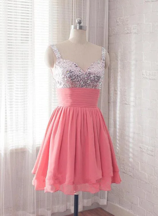Cute Watermelon Chiffon and Sequins Bridesmaid Dress, Short Party Dress Tunics Mesh breathable