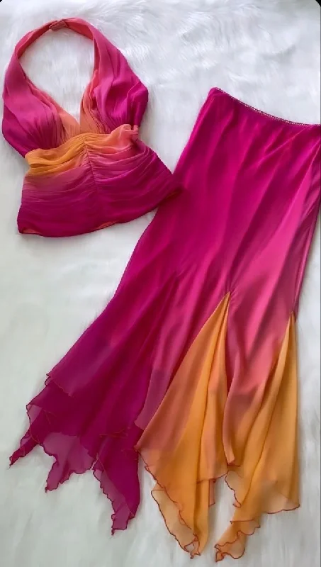 Gradient Halter Two Pieces Long Party Dress Vintage Evening Dress, DP4682 Boat Neckline Classic