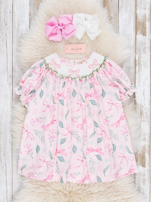 Pink & Green Smocked Bows Dress Tunics Yoga stretchy