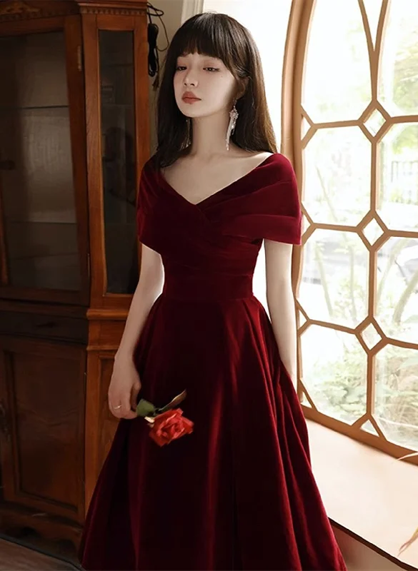Wine Red Velvet Chic Tea Length, Wine Red Off Shoulder Wedding Party Dress Tunics Luxurious high-end