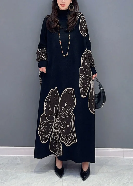 Loose Black Turtleneck Print Patchwork Cotton Knit Long Dresses Fall Tunics Custom made