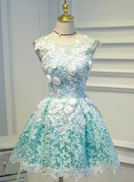 Lovely Green Lace with Floral Party Dress, Cute Short Prom Dress Tunics Winter warm