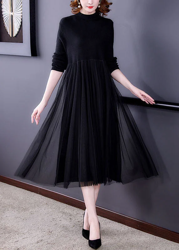Black Patchwork Tulle Knit Long Dress Exra Large Hem Long Sleeve Boatneck Modish Everyday