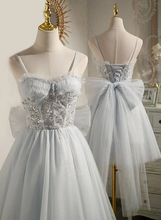 Lovely Sliver-Grey Tulle with Beaded Short Party Dresses, Tulle Short Prom Dresses 2022 Tunics Winter warm