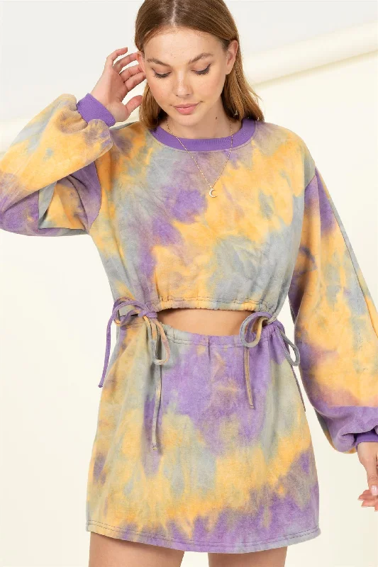 HF22A252-Tie-dye cutout sweatshirt dress Hoodie with Hem Ribbing Snug Secure
