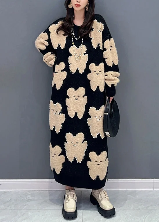 Handmade Black O Neck Little Bear Nail Bead Cotton Knit Long Dresses Fall Tunics Practical durable