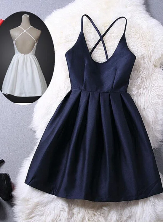 Lovey Blue Graduation Dresses, Short Navy Blue Women Dresses, Cross Back Party Dresses,Teen Formal Dresses Tunics Denim casual