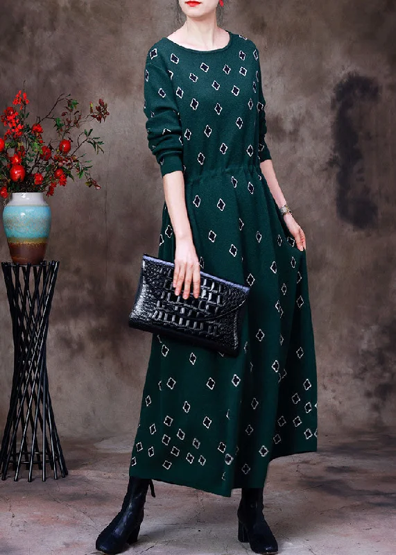 Slim Fit Green O-Neck Drawstring Print Knit Long Dress Long Sleeve Tunics Recommended stylist