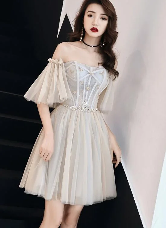 Lovely Short Off Shoulder Grey Party Dress, Homecoming Dress Tunics Wedding white