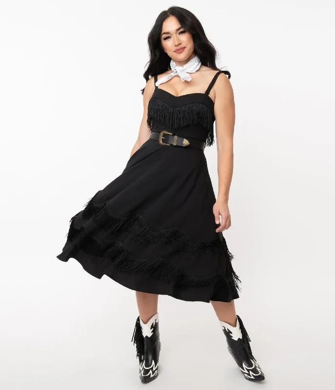 Unique Vintage Black Fringe Girlie Swing Dress Cowl Neckline Elegant