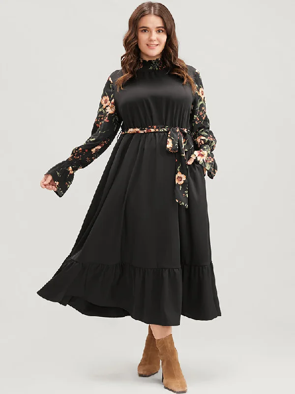 Floral Patchwork Lantern Sleeve Pocket Belted Shirred Mock Neck Dress Tunics Summer linen