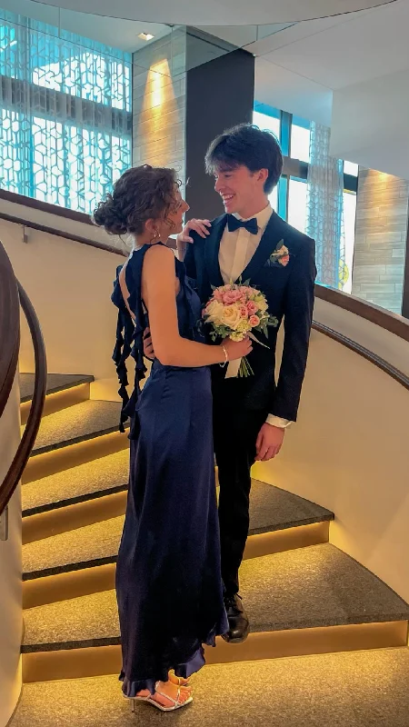 Navy Blue Straps Ruffles A-Line Satin Long Party Dress Simple Prom Dress, DP4685 Halter Neckline Beach