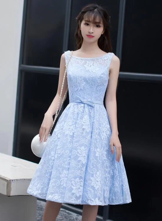 Light Blue Lace Knee Length Round Neckline Party Dress, Charming Blue Prom Dress Tunics Trendy modern