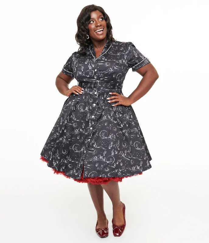 Voodoo Vixen Plus Size 1950s Black & White Midnight Western Fit & Flare Dress Tunics Office stylish