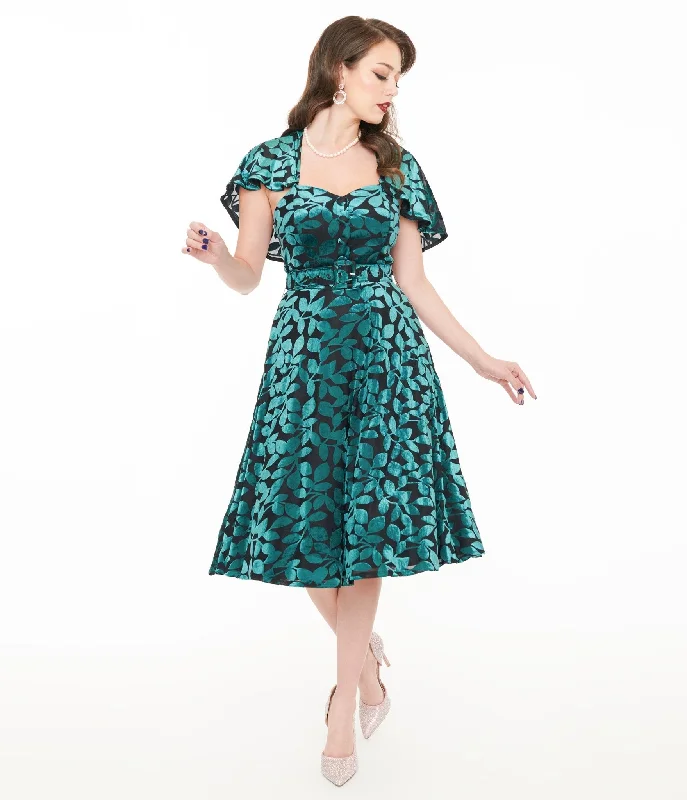 Unique Vintage 1950s Teal & Black Velvet Burnout Capelet Swing Dress Tunic Top Casual