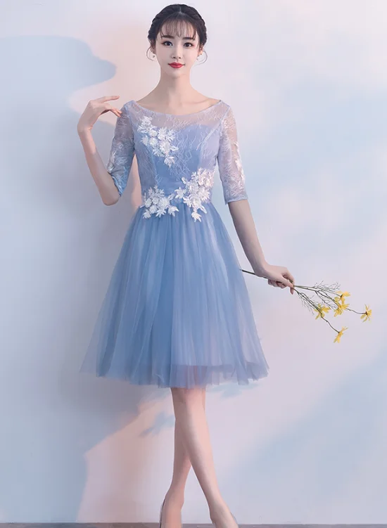 Light Blue Short Sleeves Tulle Party Dress , Tull Homecoming Dresses Tunics Seasonal trendy