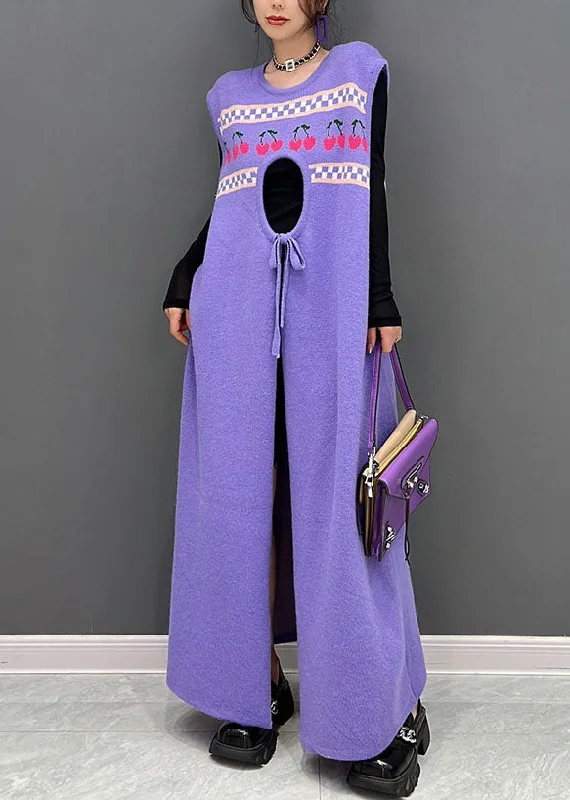 Casual Purple Print Side Open Cashmere Knit Long Dresses Sleeveless Tunics Prom sequined