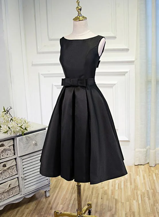 Lovely Simple Black Satin Knee Length Party Dress, Prom Dress empire Waist empire