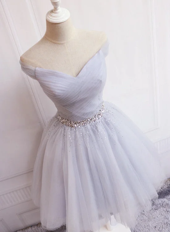 Charming Sliver Grey Short Beaded Tulle Party Dress, Prom Dress Tunics stripes playful