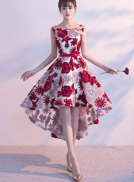 Red High Low Lace Round Neckline Homecoming Dress , Short Party Dress Boat Neckline Classic