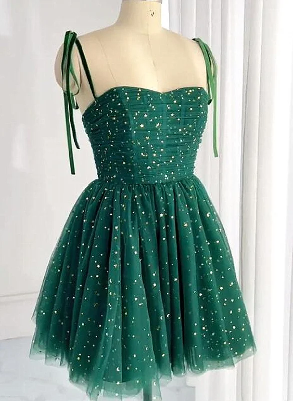 Dark Green Sweetheart Tulle Short Party Dress, Green Homecoming Dress Formal Dress Crew Neckline Casual