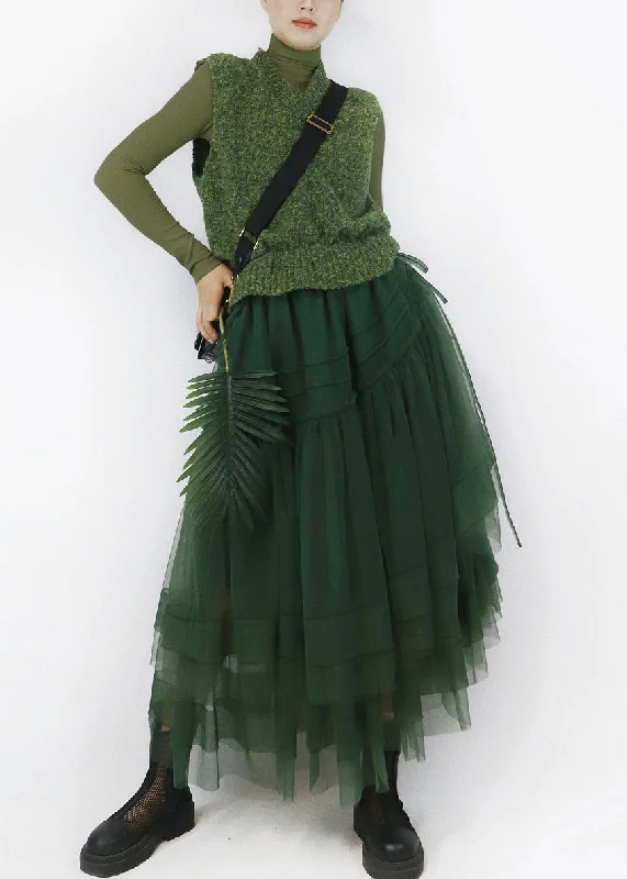 Italian Green V Neck Asymmetrical Tulle Patchwork Knit Long Dress Fall Tunics Satin smooth