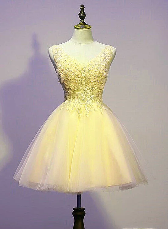 Lovely Tulle Yellow V-neckline Short Party Dress with Applique, Short Prom Dress Tunics Exclusive limited