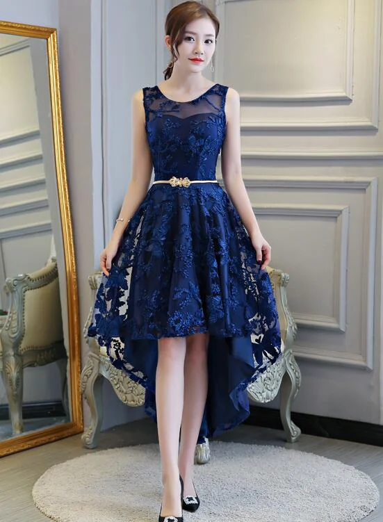 Stylish High Low Lace Navy Blue Party Dress, Bridesmaid Dress Tunics Business professional