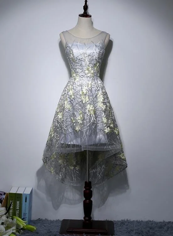 Charming High Low Party Dress, Grey Formal Dress Tunics Bridal satin