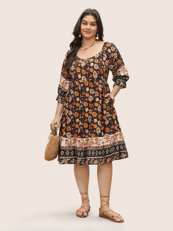 Bandana Print Square Neck Pocket Ruffle Sleeve Dress Tunics Vintage classic