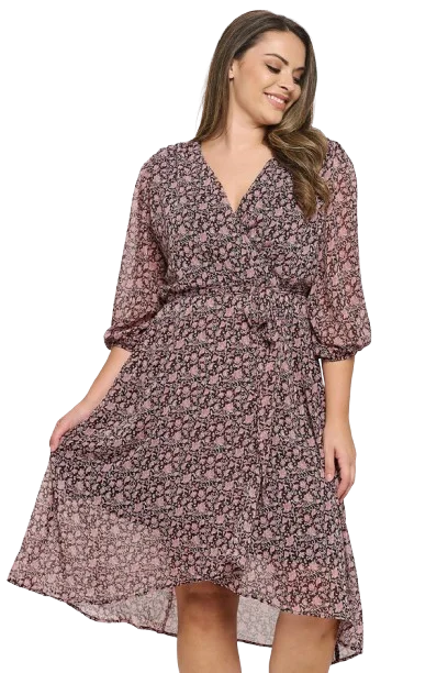 Brown Mauve Plus Size Half Puff Sleeve Wrap Waist Tie Printed Dress - Pack of 6 Tunics Brand named