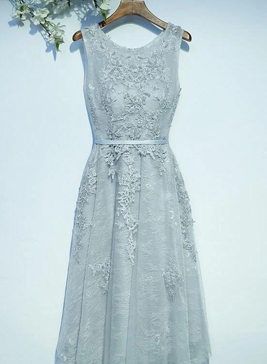 Light Grey Tea Length Round Neckline Bridesmaid Dress, Short Wedding Party Dress Tunics Fashionable trendy