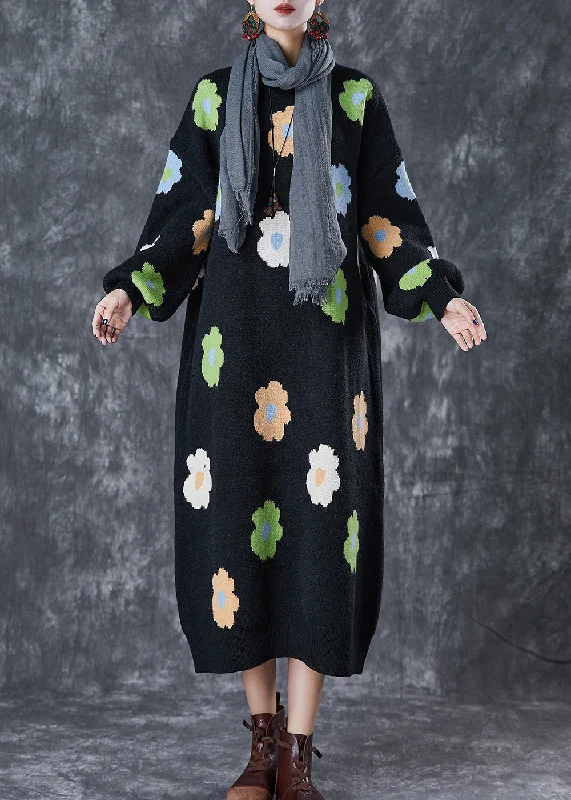 Stylish Black Oversized Floral Knit Long Dress Fall Tunics Sophisticated sleek