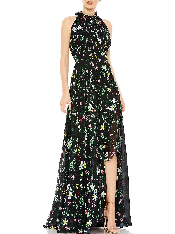 Womens Floral Print Maxi Evening Dress Tunics Solid Classic