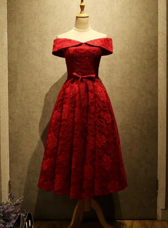 Gorgeous Red Lace Off Shoulder Tea Length Bridesmaid Dress, Red Party Dress Tunics Bridal satin