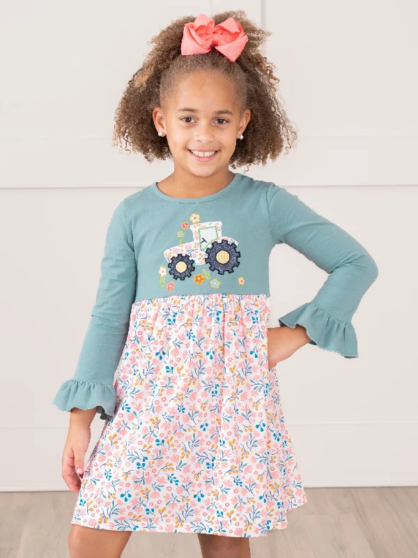 Soft Teal Floral Embroidered Tractor Dress Tunics Bridal satin