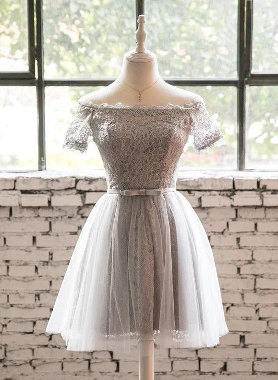 Grey Lace Tulle Short Sleeves Homecoming Dress Party Dress, Light Grey Formal Dresses Tunics Summer linen